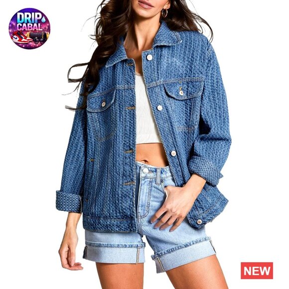 Jackets & Blazers - Oversized Boyfriend Jean Jacket Textured Denim Long Sleeve Button Up Tunic